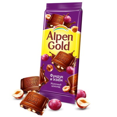 Шоколад Alpen Gold плитка молочн. с фунд и изюмом 90г